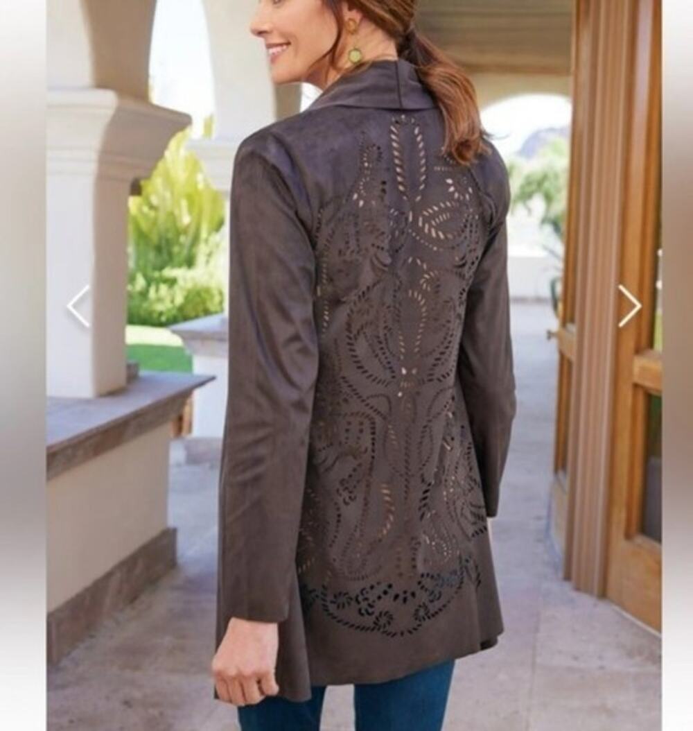 Soft Surroundings Robin Suede Jacket Taupe Brown Med Laser cut Boho Western